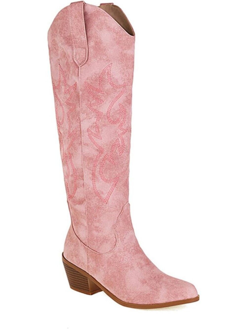 Women’s Pink Wide Calf Cowgirl Boots Knee High Embroidered Mid Heel Western